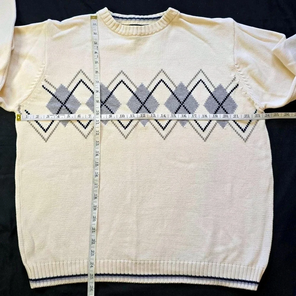 Bill Blass Men's Size XL Argyle Sweater Cream Gray Navy‎ 100% Cotton Vintage